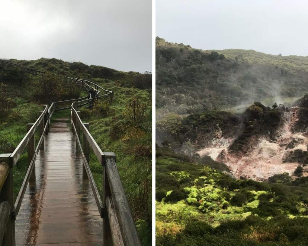 Passadiço em madeira e fumarolas ao redor