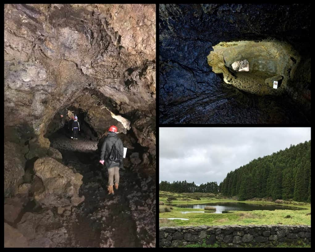 Caminhando no tunel de lava. Verde intenso e lagoa negra no meio