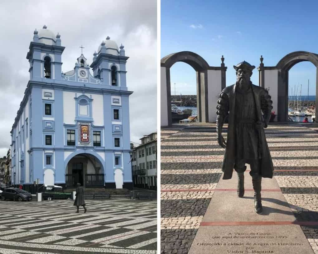 Igreja azul e branca com duas torres sineiras e relógio no meio. Monumento do vasco da gama.