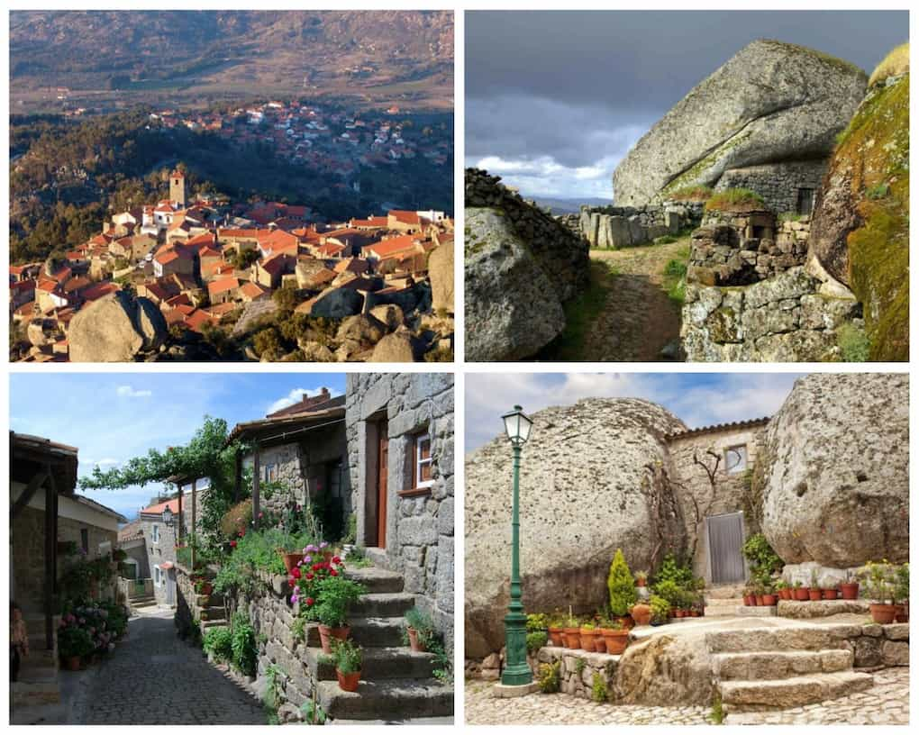 Aldeia com casas em pedra, ruas em pedra e flores e muito verde