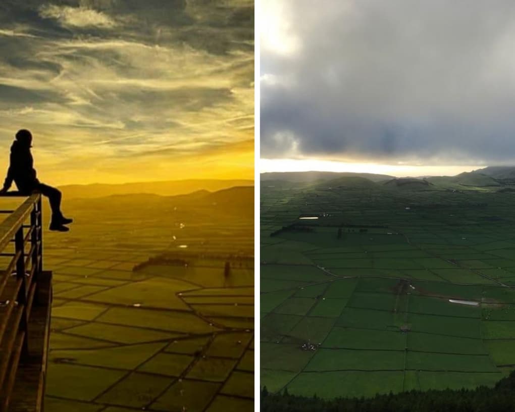 paisagem dos campos agrícolas que se assemelham a retalhos de tecido, visto de cima ao por do sol e em dia com algumas nuvens