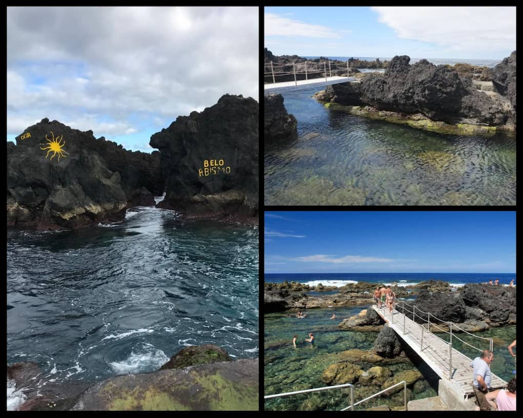 Rochas vulcânicas com uma ponte para as atravessar e as piscinas naturais por baixo